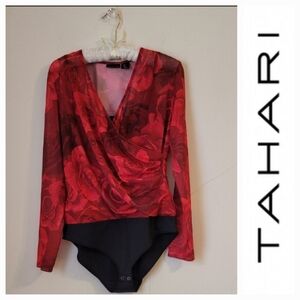 ❣️TAHARI red rose fitted  bodycon bodysuit attached black shaper liner snap val